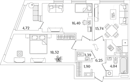 Квартира 66,6 м², 2-комнатная - изображение 1