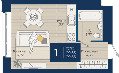 Квартира 29,6 м², студия - изображение 1