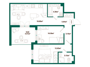 Квартира 62,5 м², 2-комнатная - изображение 1