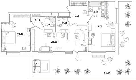 Квартира 100,3 м², 2-комнатная - изображение 1