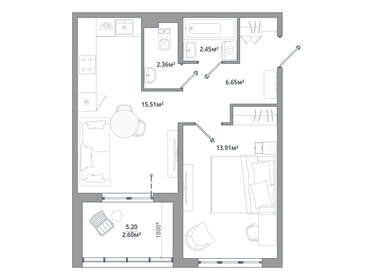 Квартира 43,5 м², 1-комнатная - изображение 1