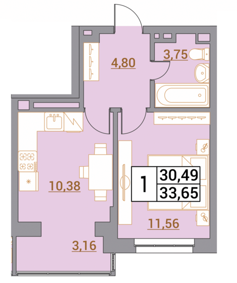 33,7 м², 1-комнатная квартира 3 432 300 ₽ - изображение 1
