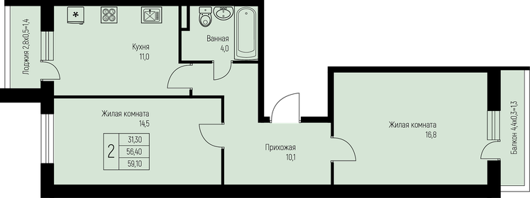 Квартира 59,1 м², 2-комнатная - изображение 1