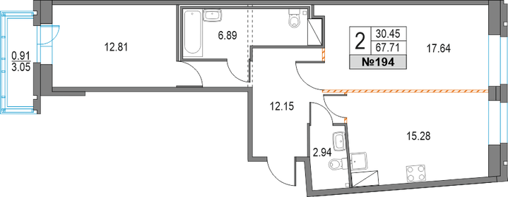 Квартира 67,7 м², 2-комнатная - изображение 1