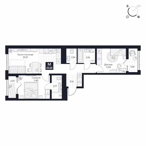 64 м², 2-комнатная квартира 7 227 480 ₽ - изображение 14