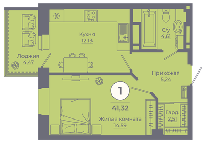 Квартира 41,5 м², 1-комнатная - изображение 1