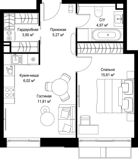 47,4 м², 1-комнатная квартира 17 616 750 ₽ - изображение 59
