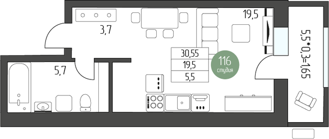 Квартира 30,6 м², студия - изображение 2