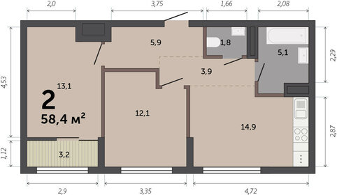 Квартира 58,4 м², 2-комнатная - изображение 1