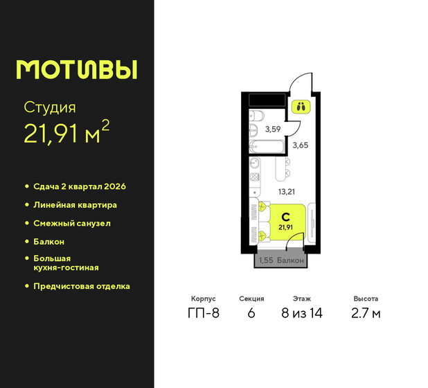 13 м², квартира-студия 1 830 000 ₽ - изображение 90