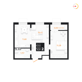 Квартира 51,6 м², 2-комнатная - изображение 1
