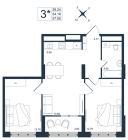 Квартира 57,9 м², 3-комнатная - изображение 1