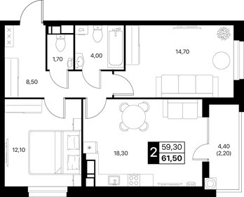 Квартира 61,5 м², 2-комнатная - изображение 1