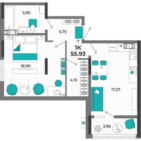 Квартира 55,9 м², 1-комнатная - изображение 1