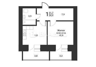 Квартира 34,4 м², 1-комнатная - изображение 2