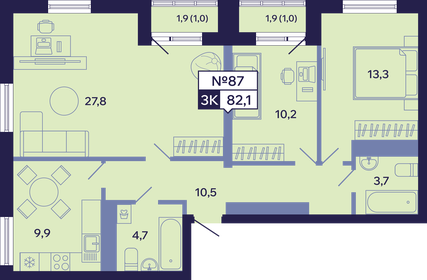 Квартира 82,1 м², 3-комнатная - изображение 1
