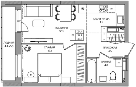 Квартира 41,8 м², 2-комнатная - изображение 1