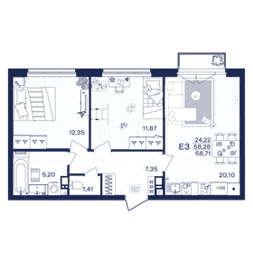 Квартира 58,7 м², 2-комнатная - изображение 1
