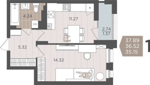Квартира 36,5 м², 1-комнатная - изображение 1