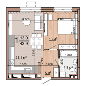 Квартира 43,9 м², 1-комнатная - изображение 1