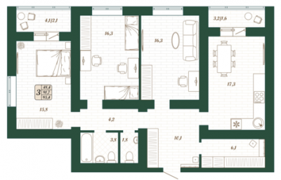 Квартира 91,7 м², 3-комнатная - изображение 1
