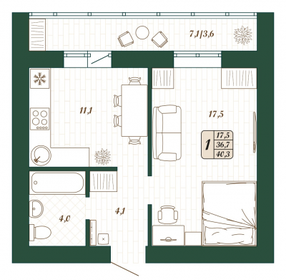 Квартира 36,7 м², 1-комнатная - изображение 1