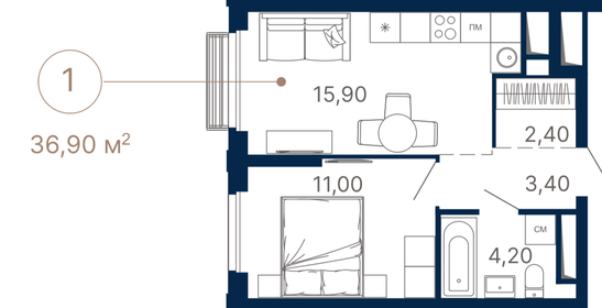 Квартира 36,9 м², 1-комнатная - изображение 2