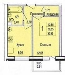 Квартира 30,8 м², 1-комнатная - изображение 1