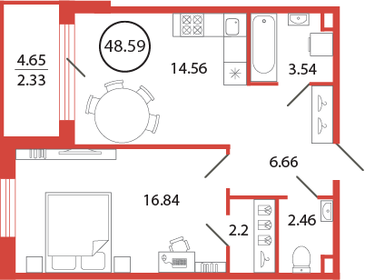 Квартира 48,6 м², 1-комнатная - изображение 1