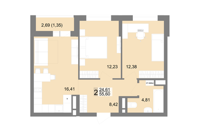 Квартира 55,6 м², 2-комнатная - изображение 1