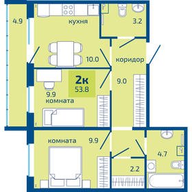 Квартира 53,8 м², 2-комнатная - изображение 1