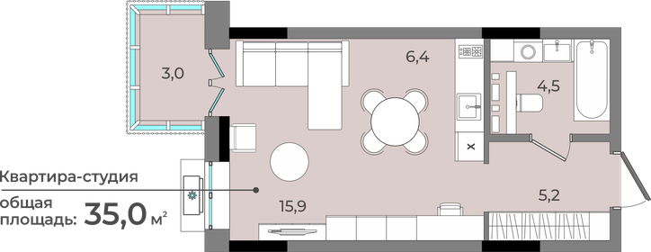 Квартира 35 м², студия - изображение 1