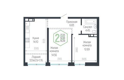 Квартира 56 м², 2-комнатная - изображение 1