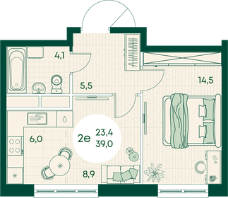 Квартира 39 м², 2-комнатная - изображение 1