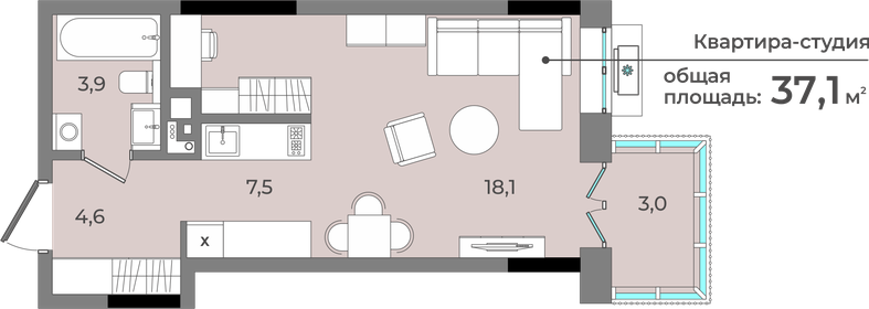 Квартира 37,1 м², студия - изображение 1