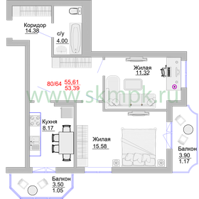 Квартира 63,1 м², 2-комнатные - изображение 1