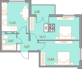 Квартира 51,7 м², 2-комнатная - изображение 1