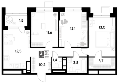 Квартира 69,8 м², 3-комнатная - изображение 1