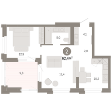Квартира 62,4 м², 2-комнатная - изображение 2
