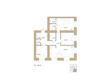 Квартира 88,7 м², 3-комнатная - изображение 1