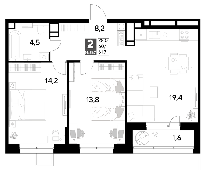 61,9 м², 3-комнатная квартира 4 600 000 ₽ - изображение 81