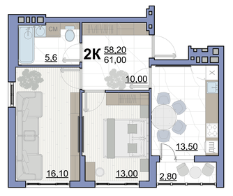 Квартира 61 м², 2-комнатная - изображение 1