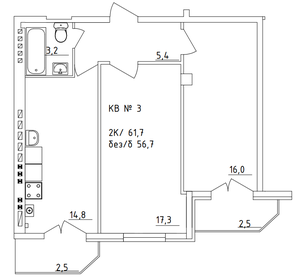 Квартира 61,7 м², 2-комнатная - изображение 1