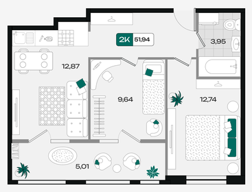 Квартира 51,9 м², 2-комнатная - изображение 1