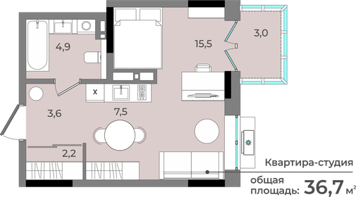 Квартира 36,7 м², студия - изображение 1