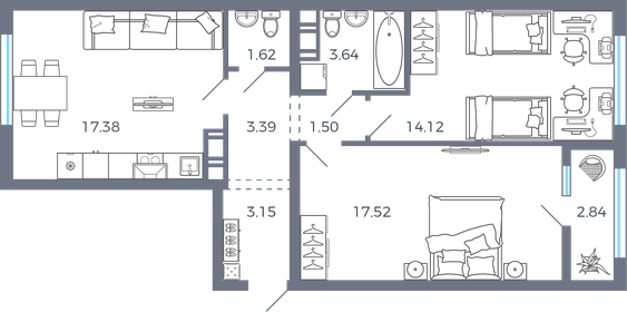 Квартира 65,2 м², 2-комнатная - изображение 1