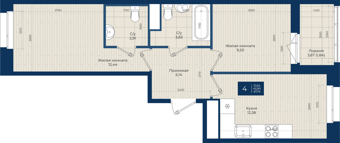 47,7 м², 2-комнатная квартира 6 910 365 ₽ - изображение 61