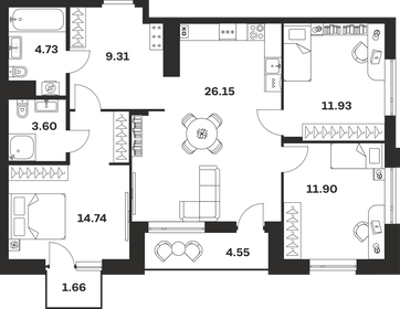 Квартира 88,6 м², 3-комнатная - изображение 1