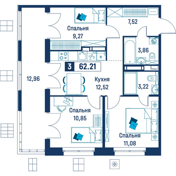 62 м², 3-комнатная квартира 11 280 000 ₽ - изображение 131