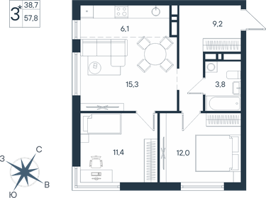 Квартира 57,8 м², 3-комнатная - изображение 1
